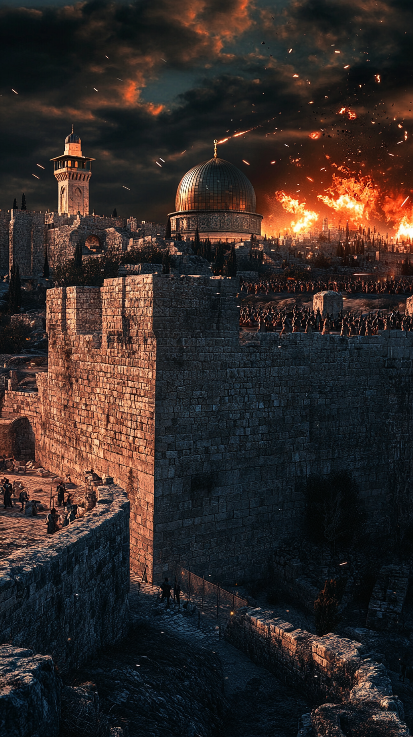 Jerusalem walls besieged, flaming arrows, soldiers clash, ruins background.