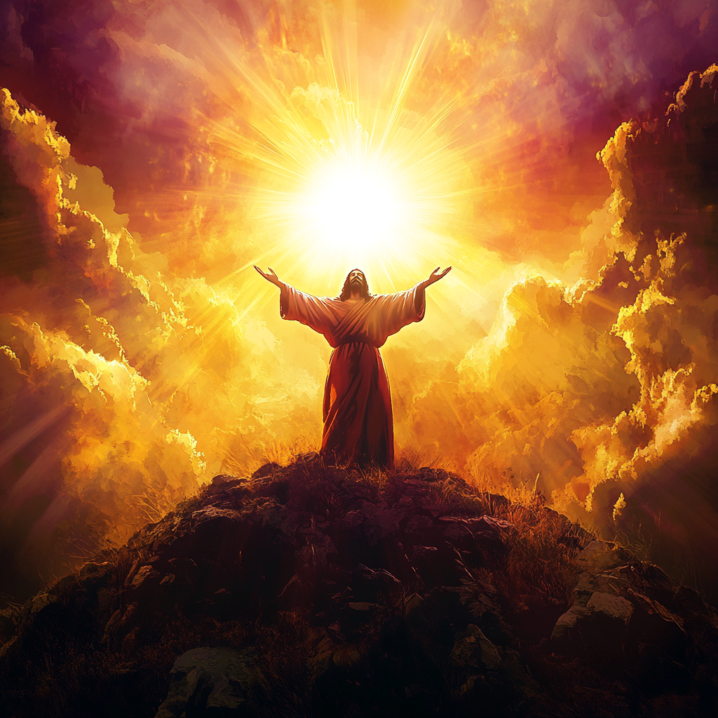 Jesus reaching towards heavenly light on serene hilltop.