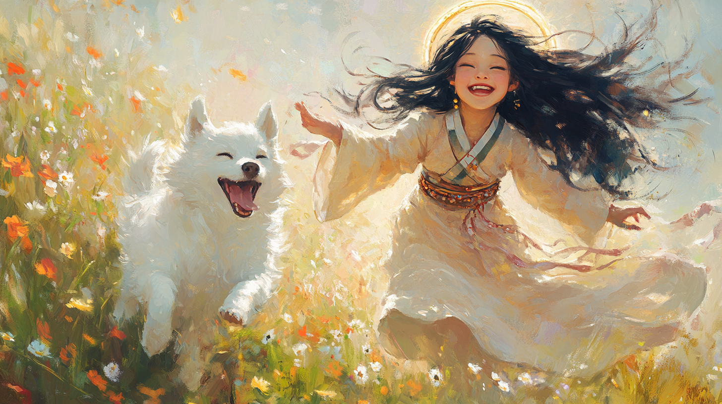 Joyful Korean girl bodhisattva with white Jindo dog