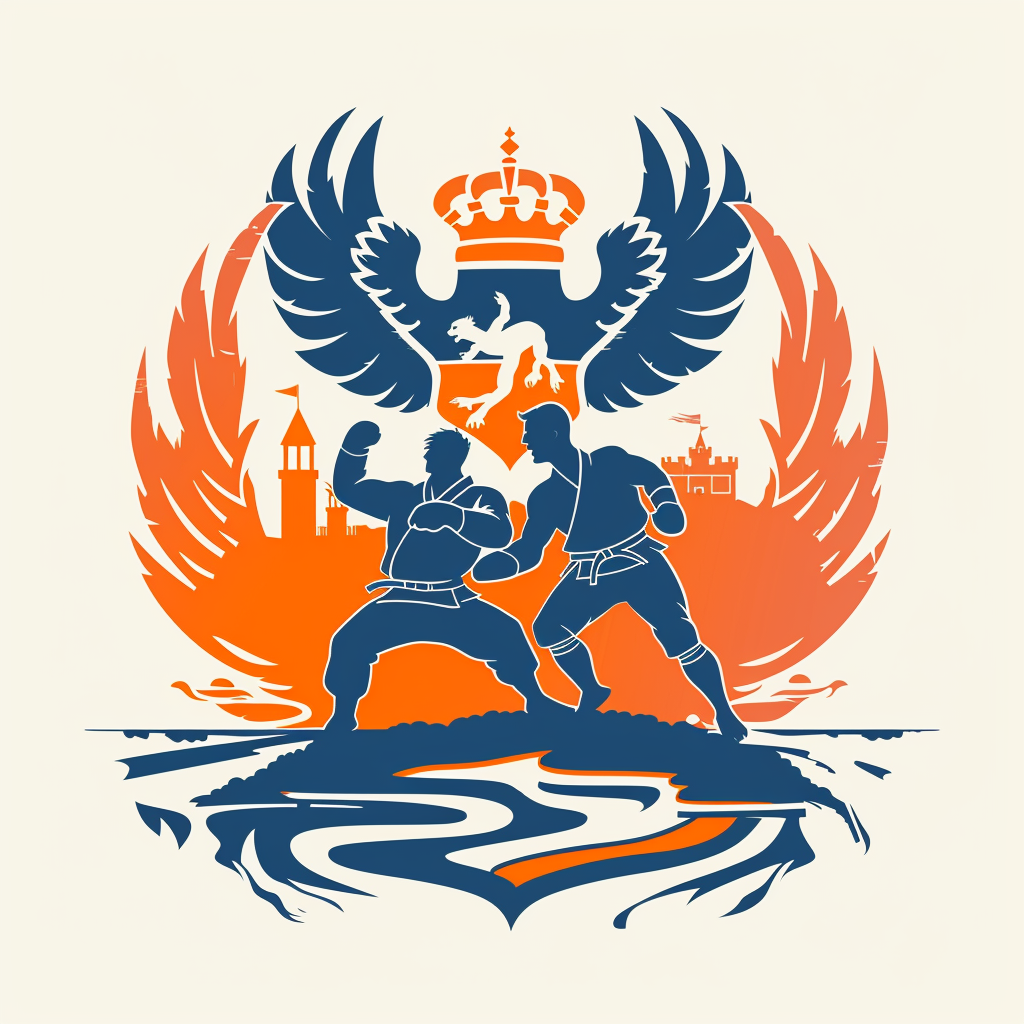 Judo club logo with military castle, eagle, river, fighters