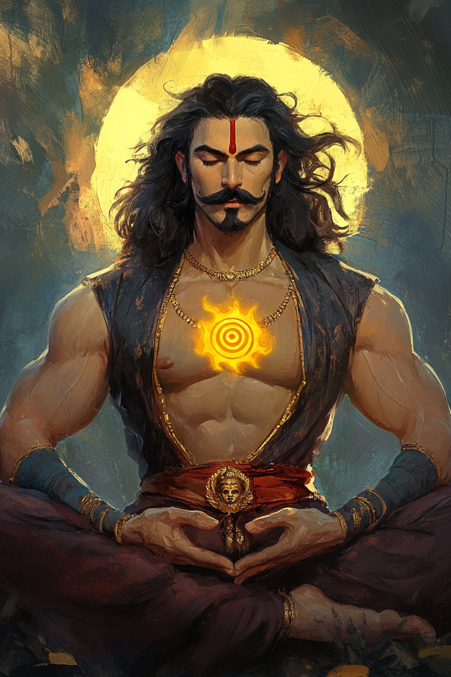 Karna meditating in jungle with sun symbol on chest.