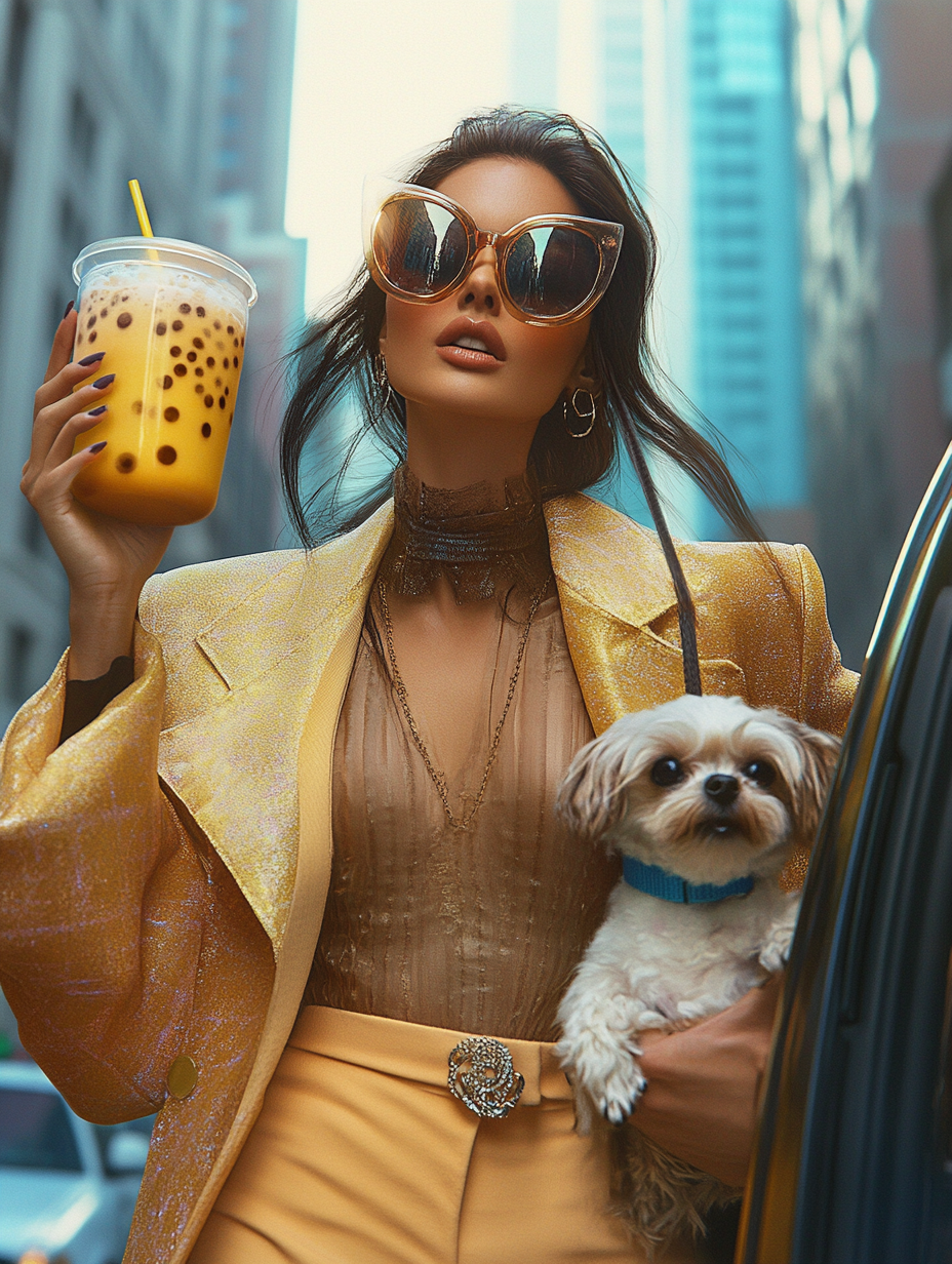 Kendall Jenner holding bubble tea and dog, realistic photo.