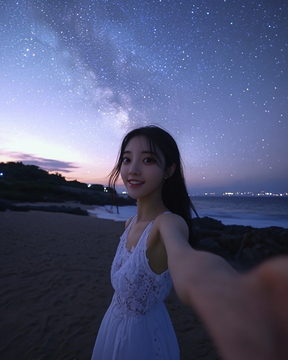 Korean woman in white dress under starry night sky.