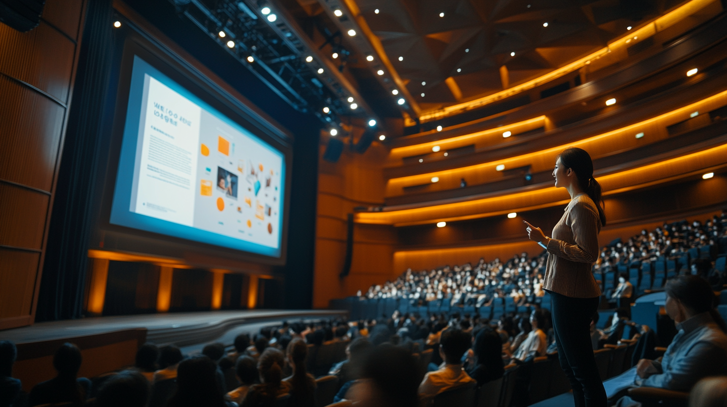 Korean woman presenting on stage, focused on expression.