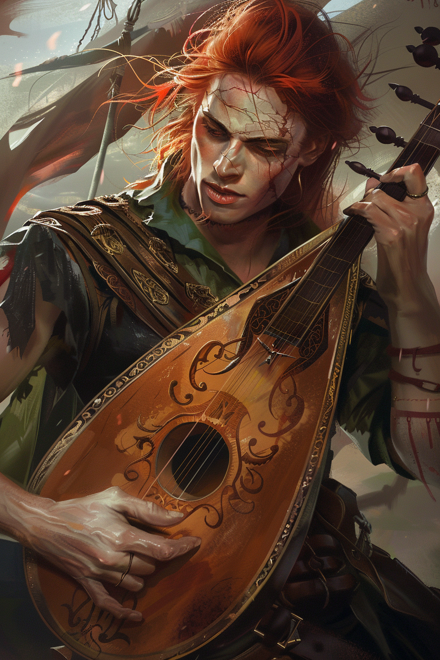 Kvothe playing lute in twilight, inn in background.