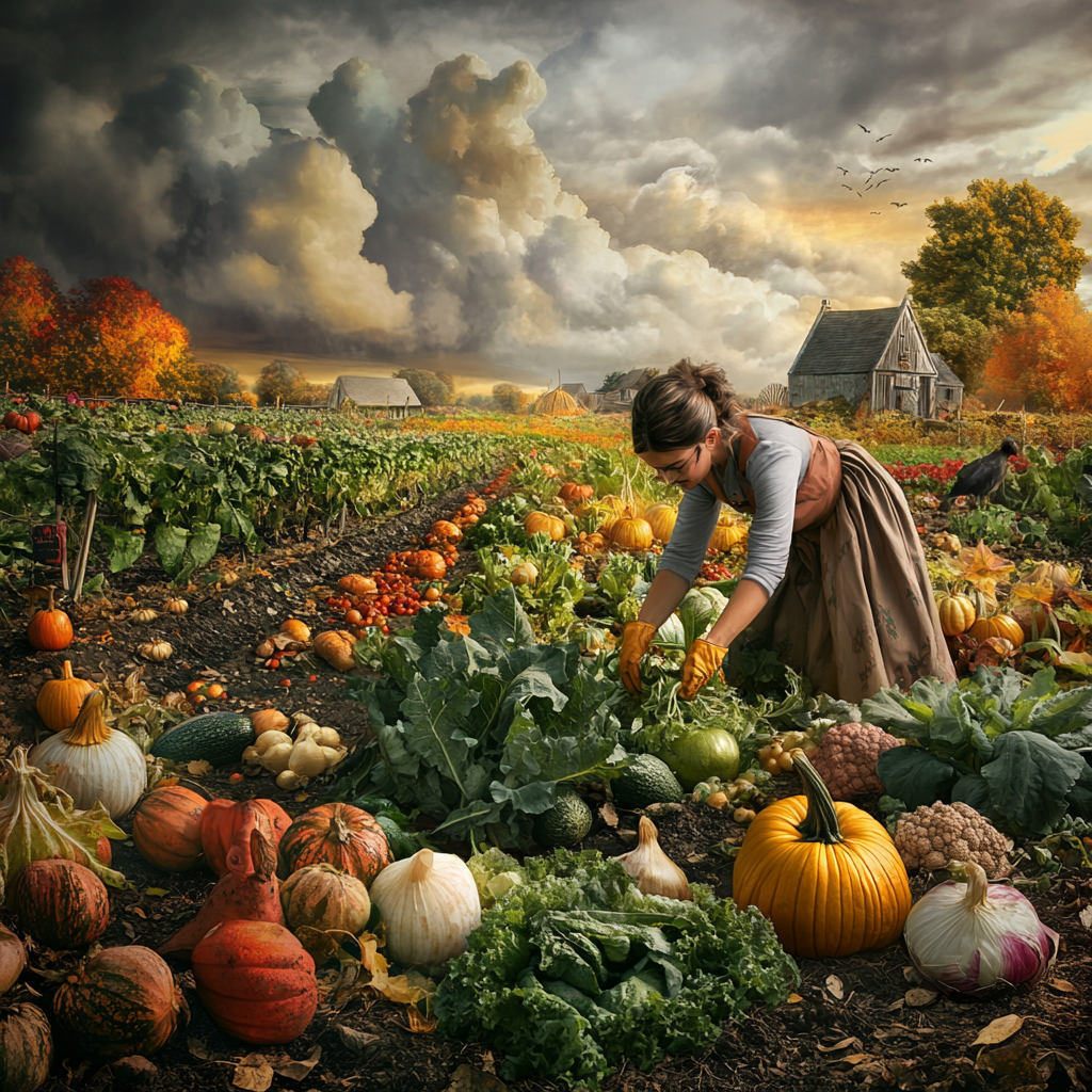 Lady picking ripe vegetables in garden on cloudy day.