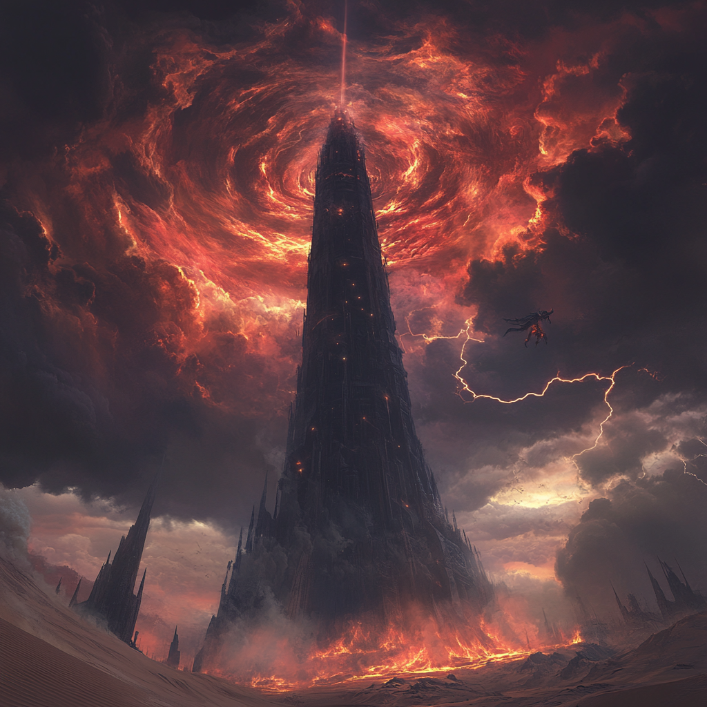 Large, black, evil mage tower in desert setting.