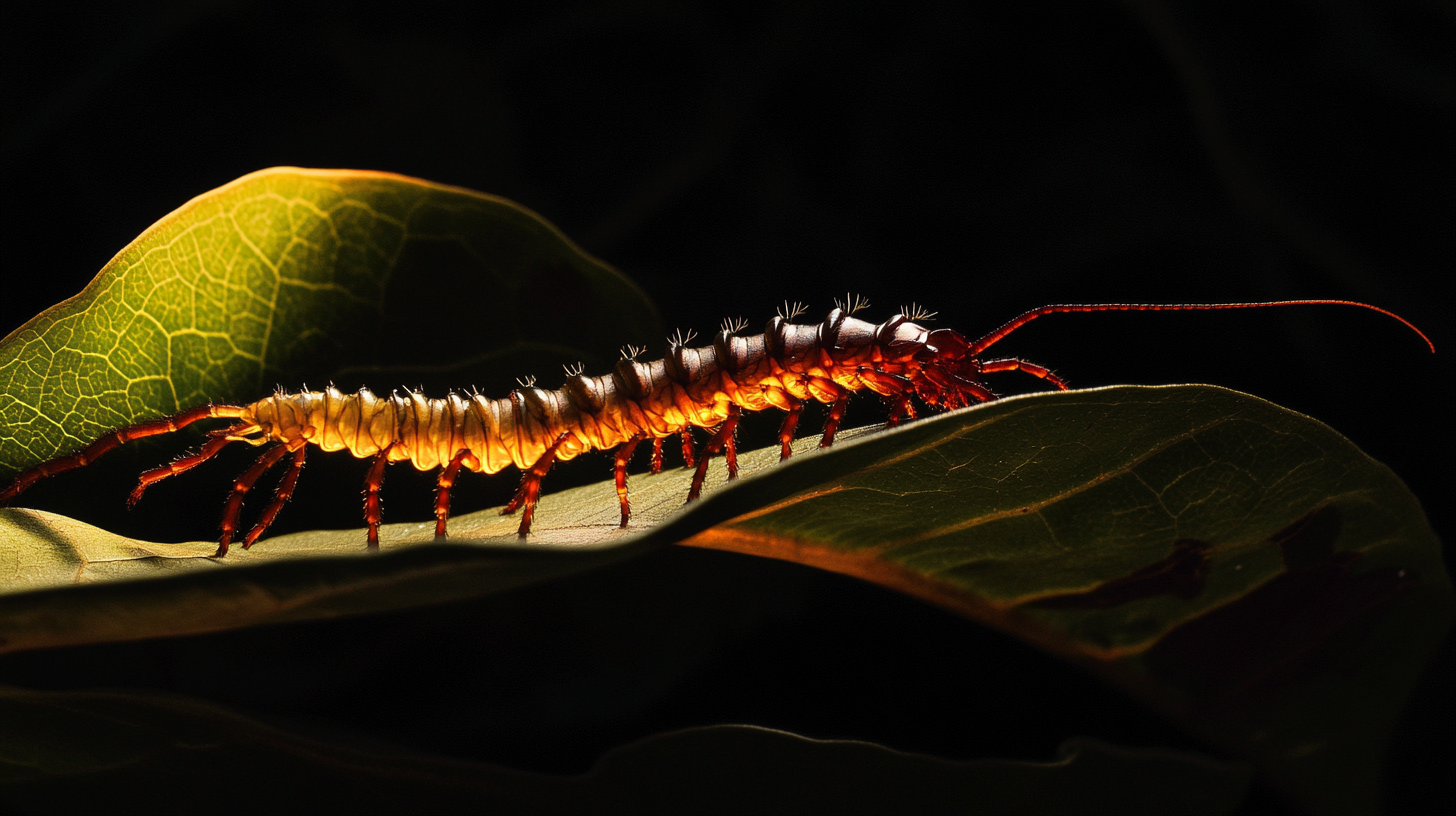 Large Hawaiian centipede silhouette crawling on antherium leaf.