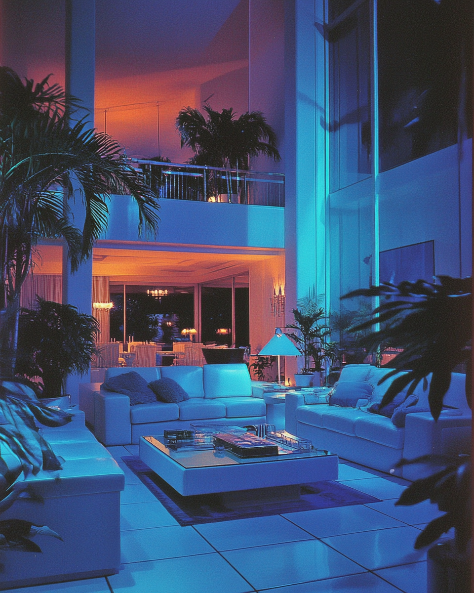 Late 80s decor magazine, mansion living room, Miami night.