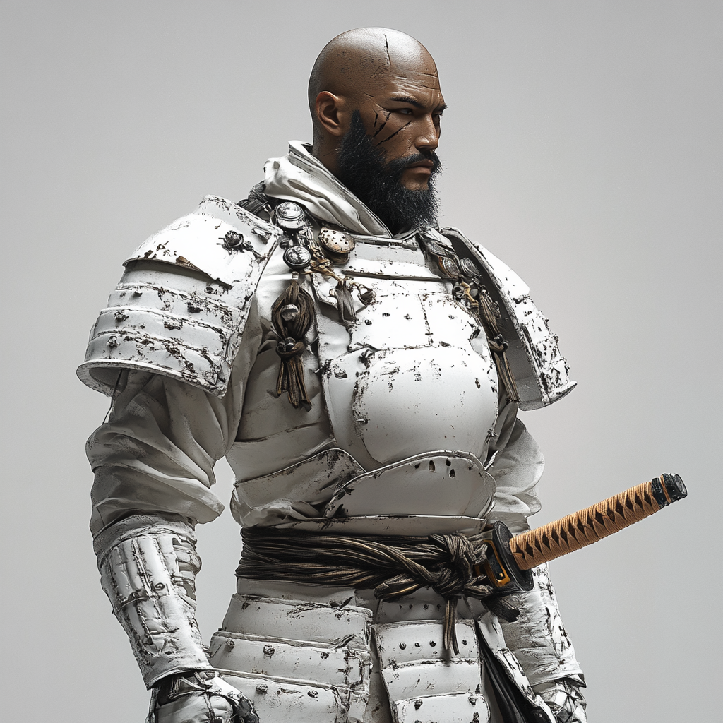 Latino samurai in white armor, helmet aside, apocalyptic design.