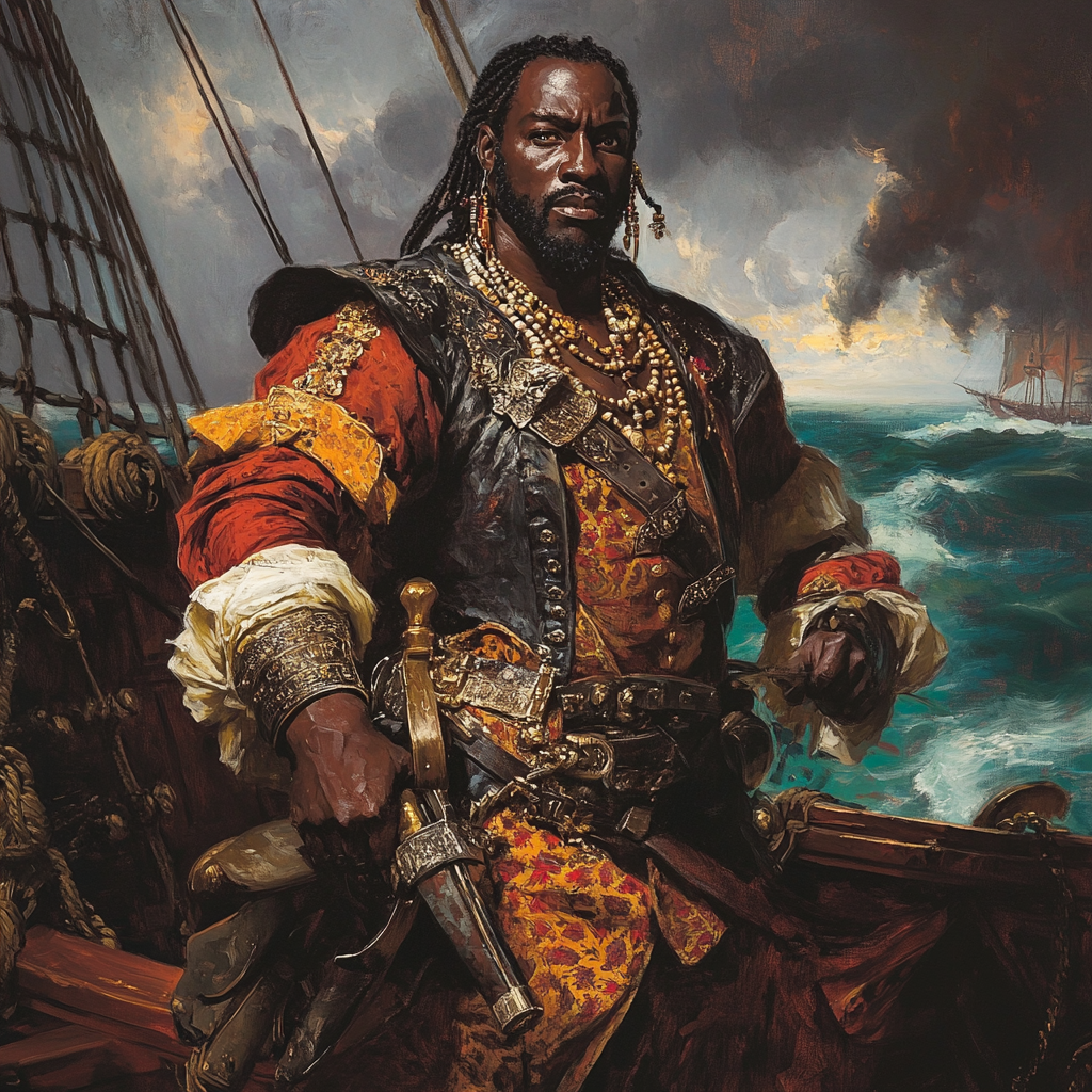 Legendary pirate Black Caesar standing on pirate ship, wielding weapons.