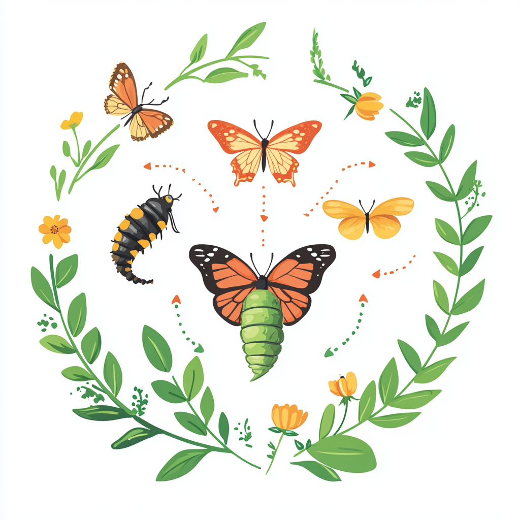 Life stages of butterfly on colorful circular diagram page.