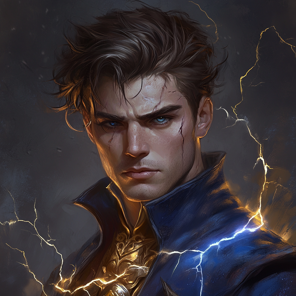 Lightning sorcerer with brown hair, blue highlights, burns, scars