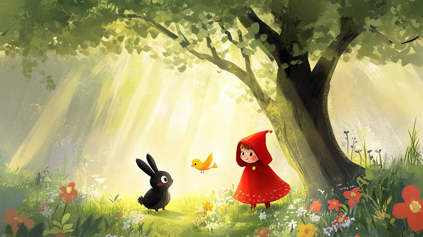 Little Red Hood and Bunny smile at singing bird.