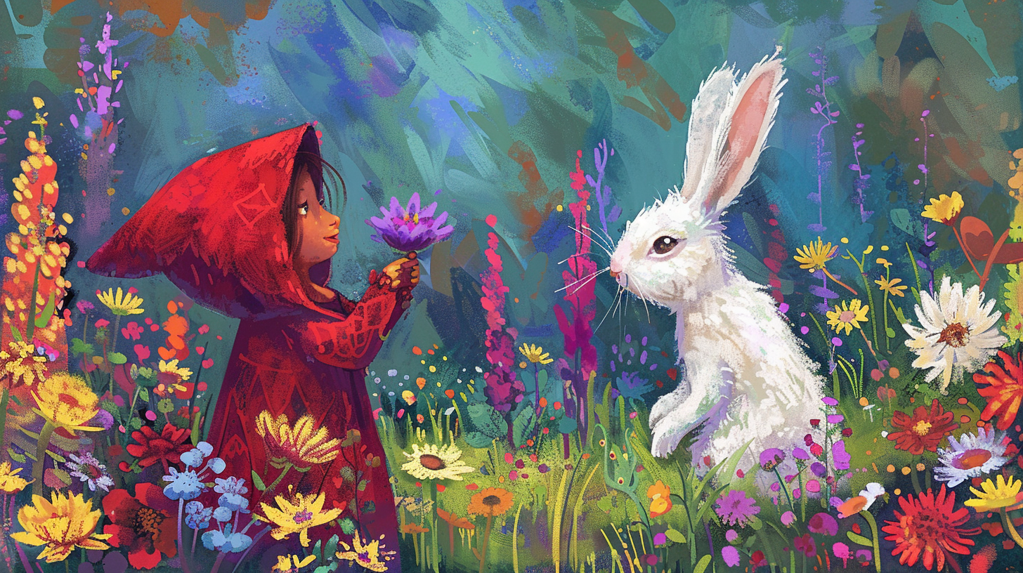 Little Red Riding Hood and White Bunny in meadow.