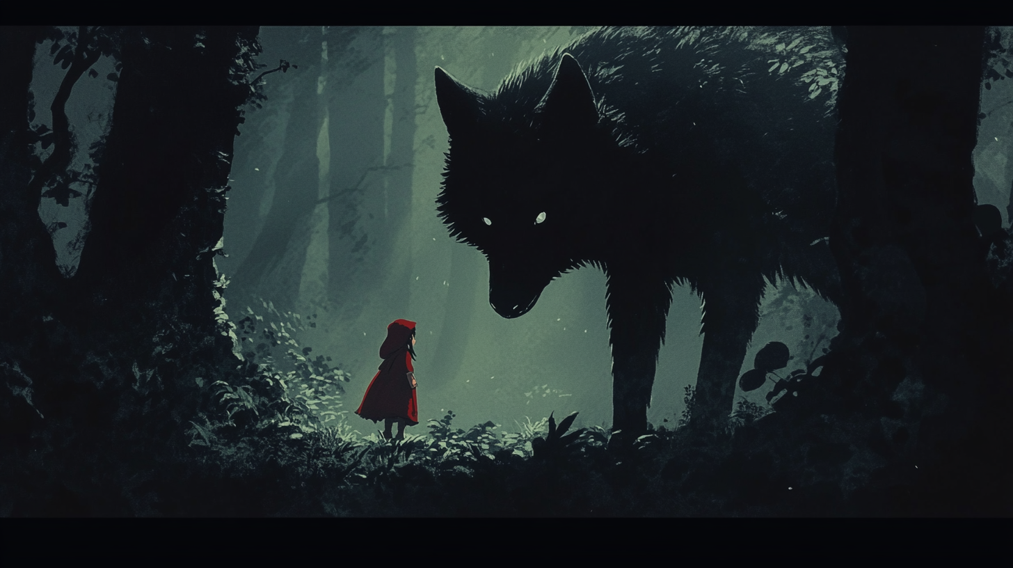 Little Red Riding Hood meets wolf in tense forest.