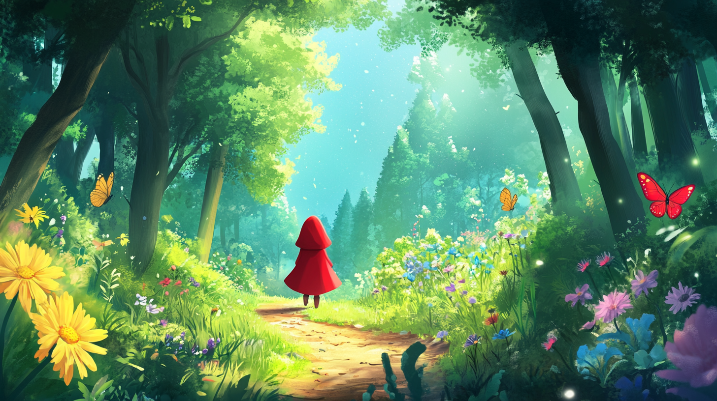 Little girl in red hood strolling in forest.