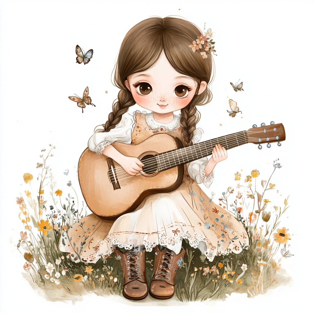 Little girl with brown eyes, long lashes, freckles, guitar.