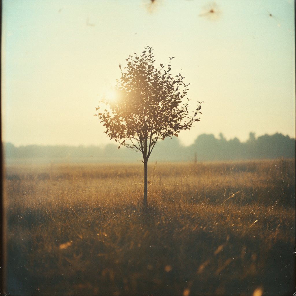 Lonely tree in field, seen through glass with effects.