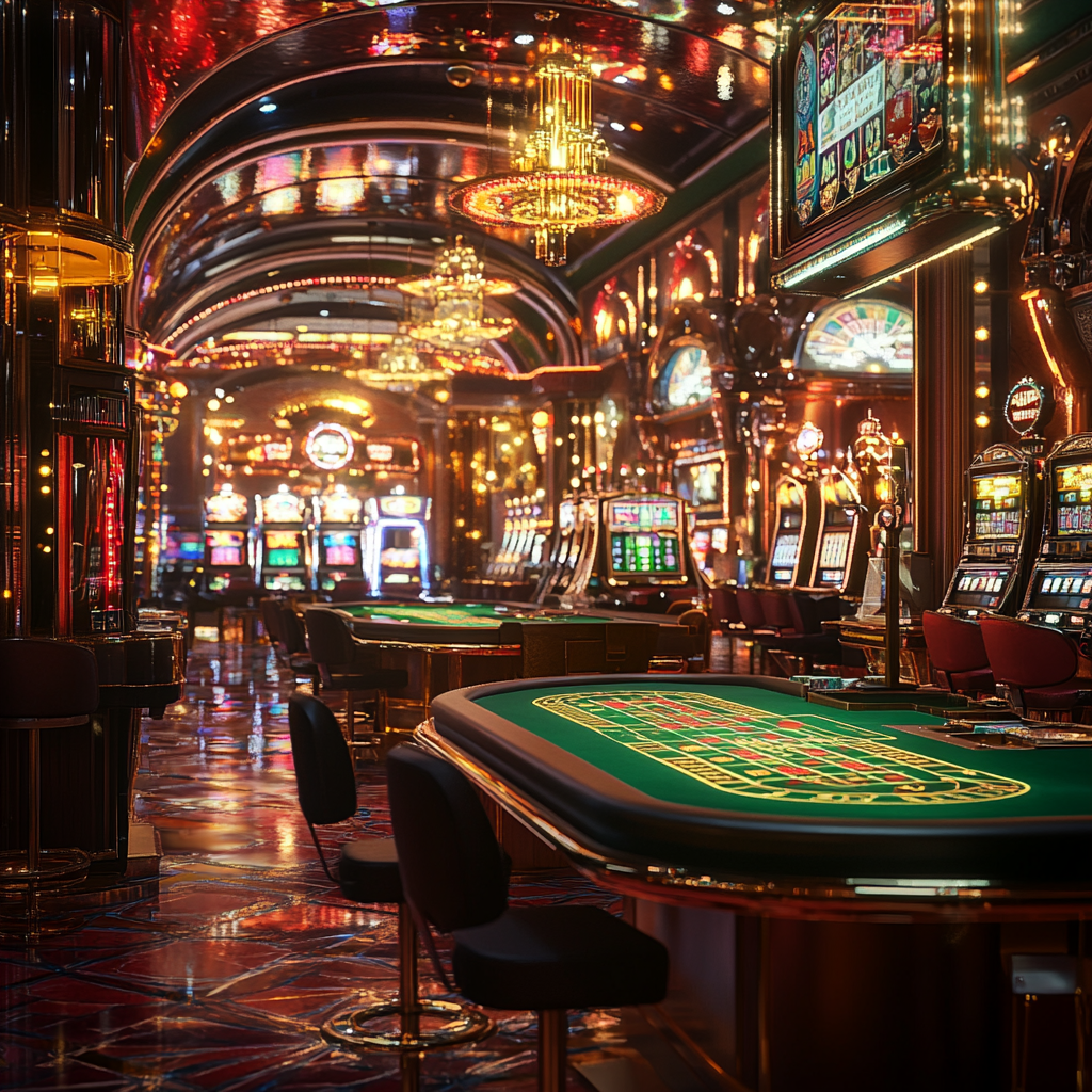 Luxurious Casino Setting with Slot Machines and Poker Tables