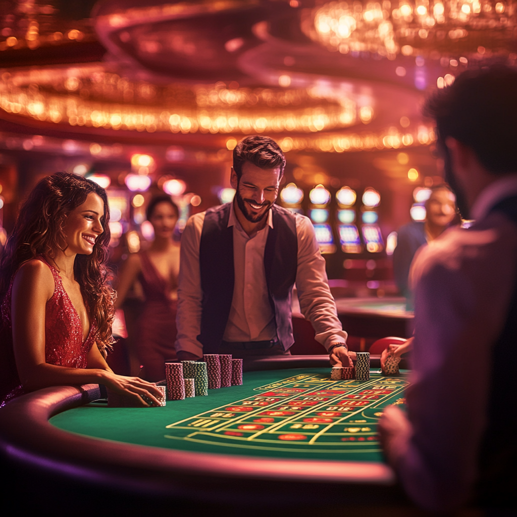 Luxurious Casino Setting with Vibrant Lights and Slot Machines