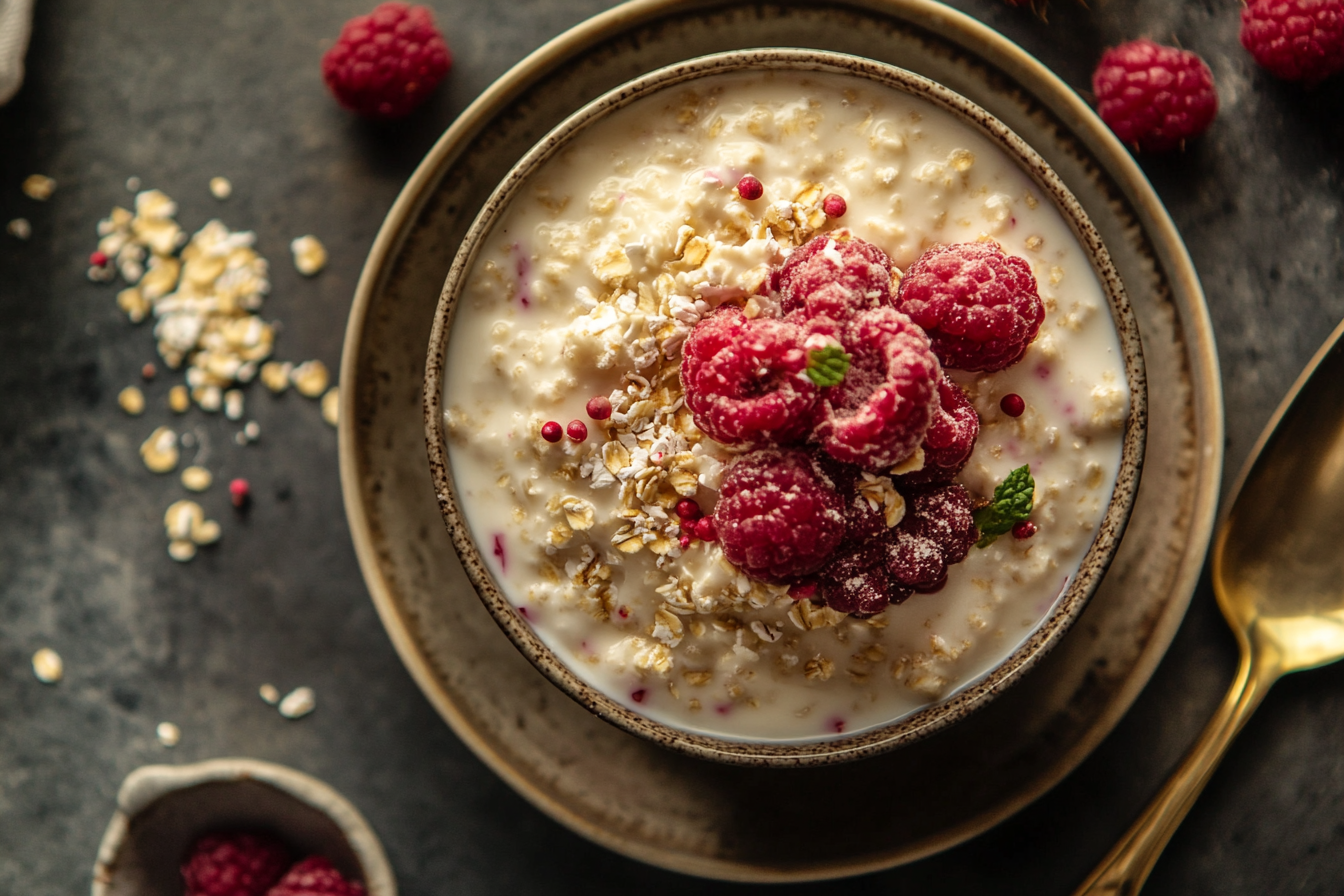 Luxurious top view shot of overnight oats.