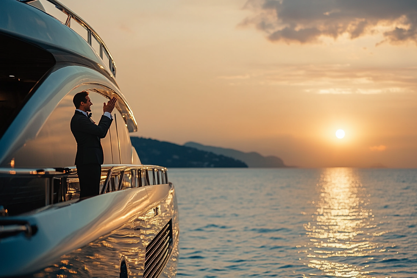 Luxurious yacht performance at sunset, Mediterranean waters sparkling.