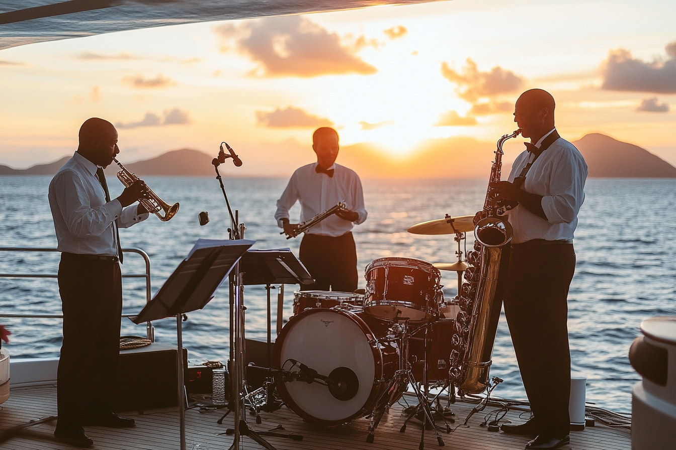 Luxury yacht in BVI, jazz band playing softly.