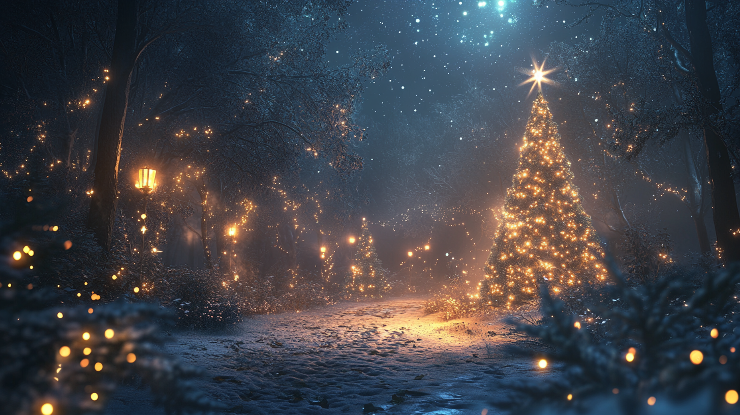 Magic Christmas event in dark forest, mysterious and beautiful.