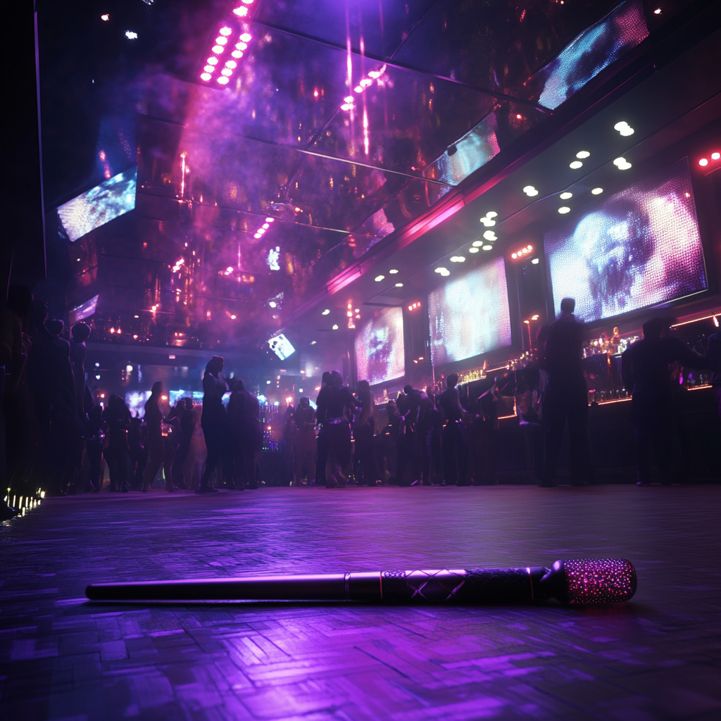 Magic wand on dancefloor in futuristic nightclub with LED screens.