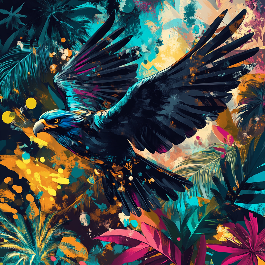 Majestic bird in flight with vibrant Cuban setting, optimized for high-quality fabric printing.