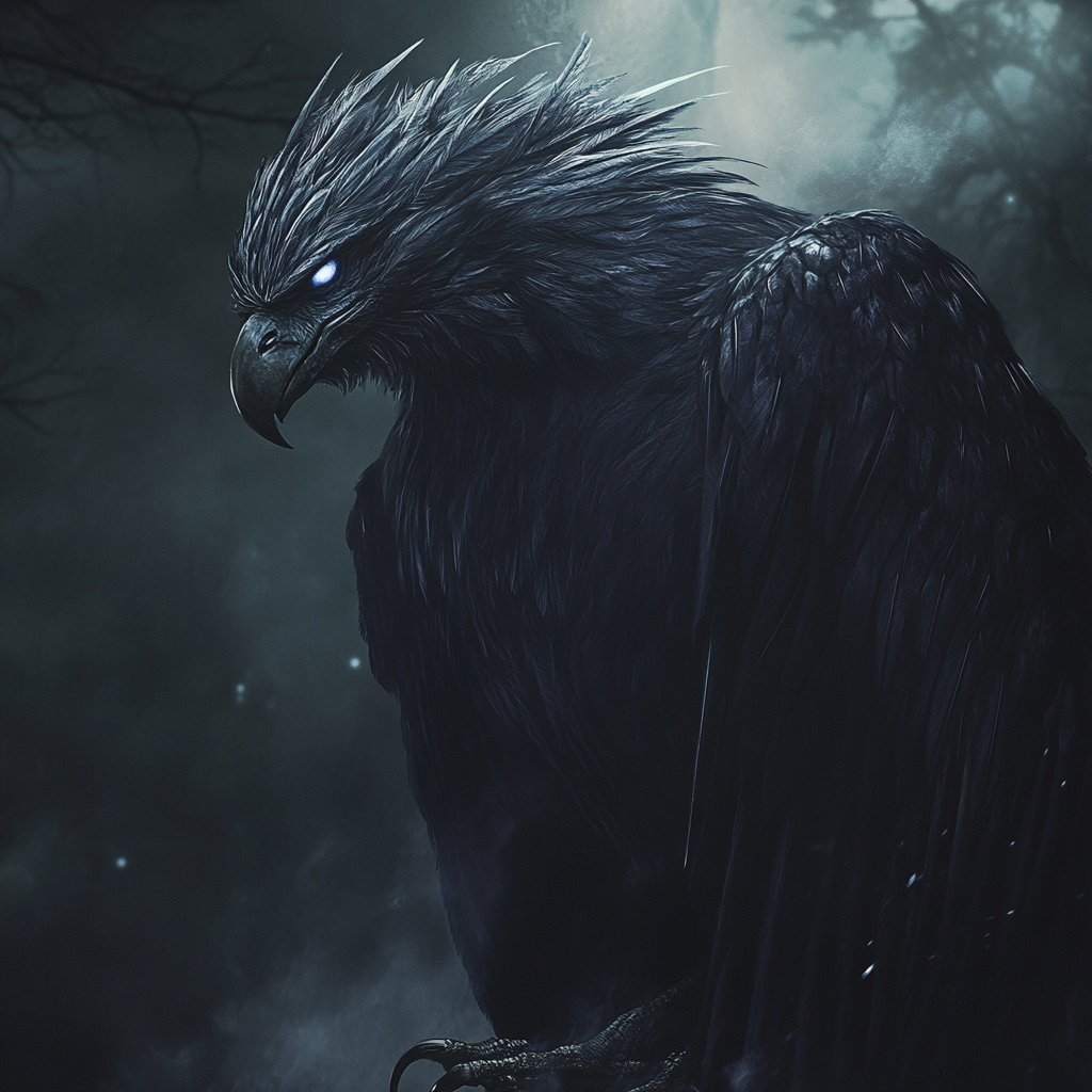 Majestic giant bird creature, black feathers, glowing silver eyes.