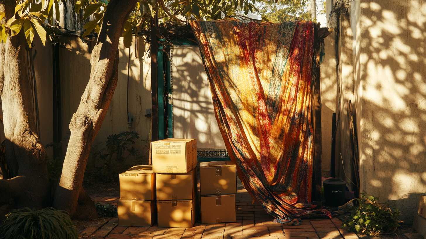 Makeshift podium on boxes draped in colorful cloth outdoors.