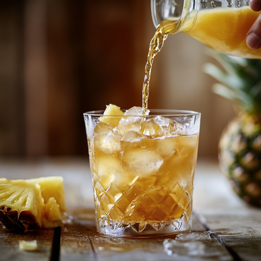 Making mai tai cocktail drink with rum, ice, and pineapple.