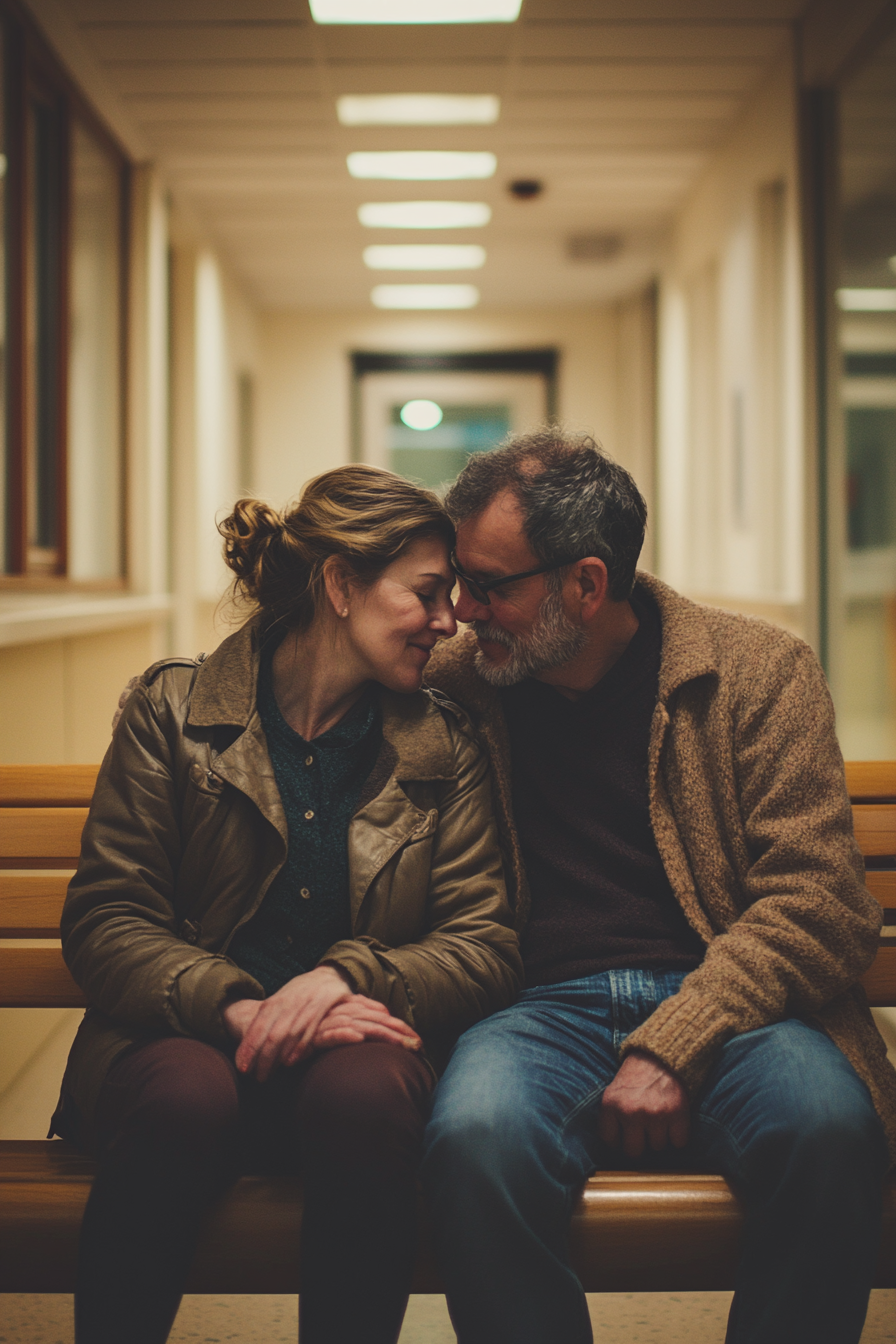 Man comforting wife in hospital waiting room, both smiling.