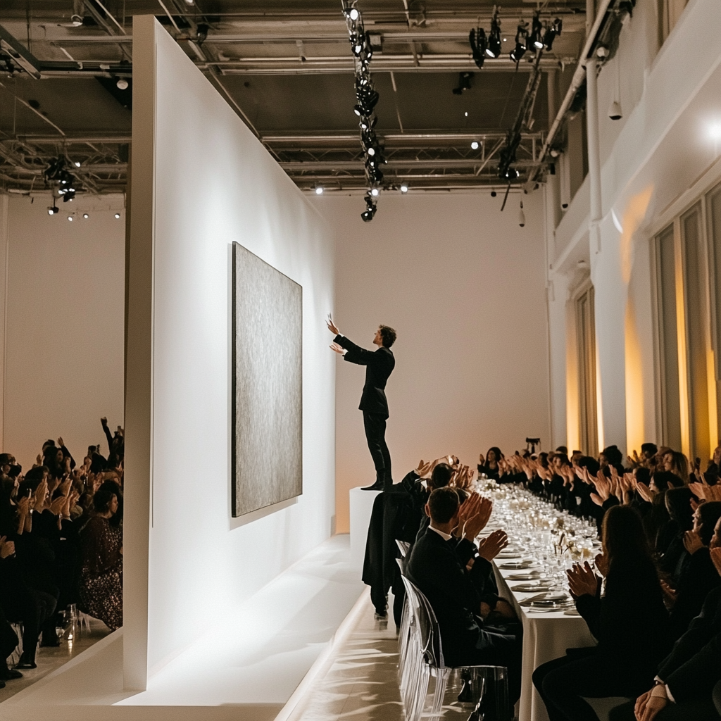 Man hangs large painting in fashionable runway show setting.