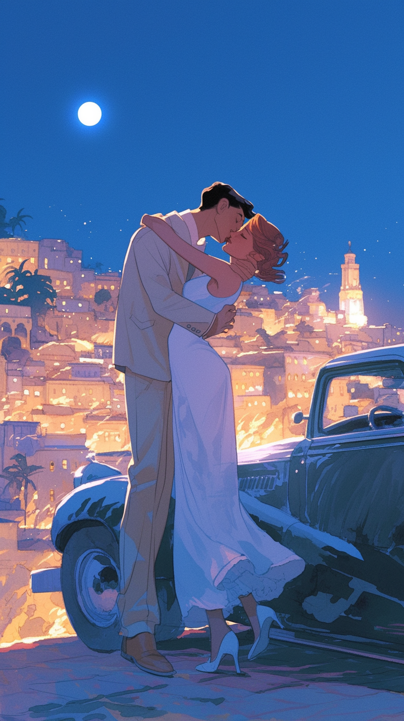 Man in beige suit kisses red-haired woman. Moonlit Casablanca.