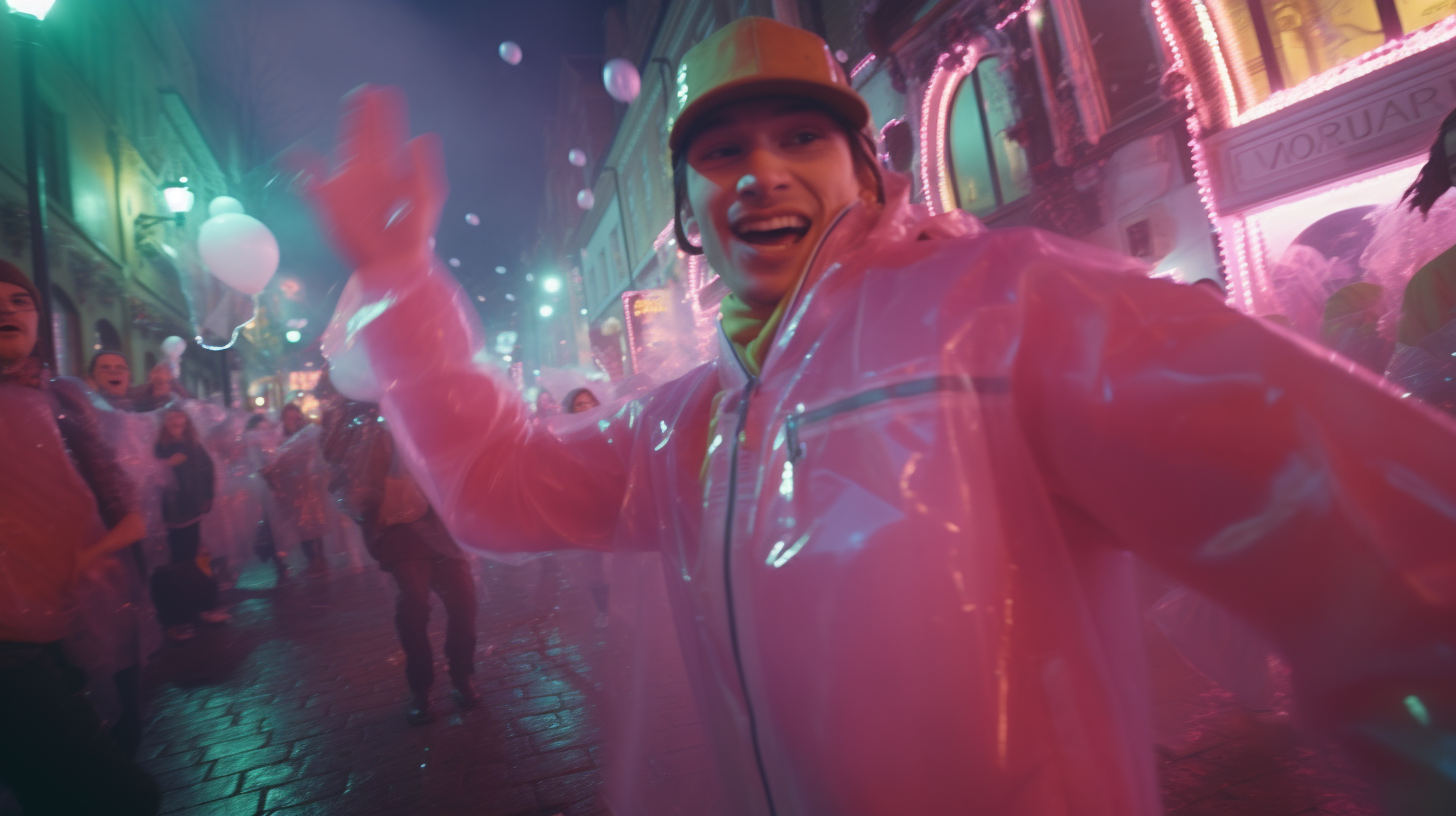 Man in colorful suit dancing in carnival procession at night.