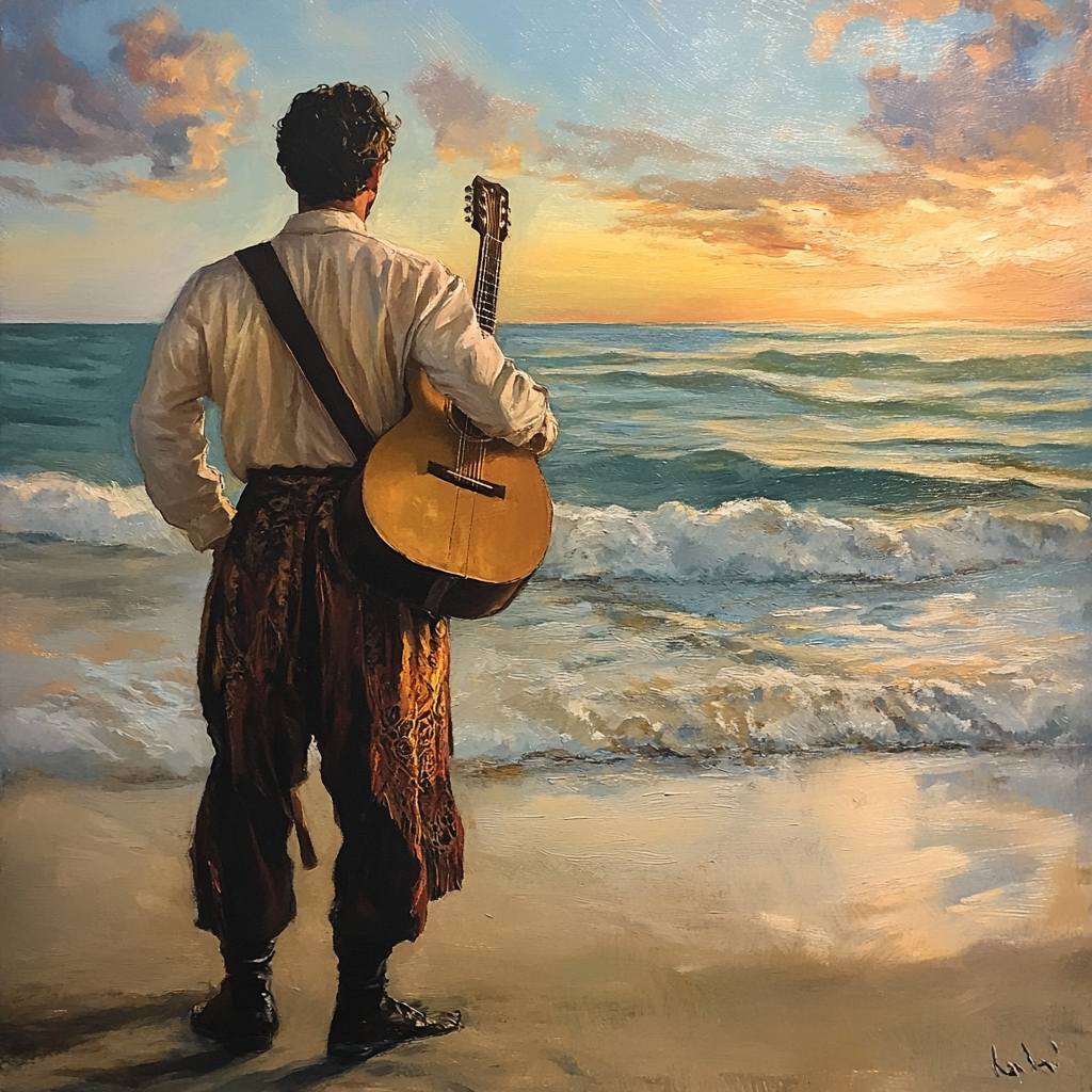 Man in flamenco outfit with guitar at beach sunset.