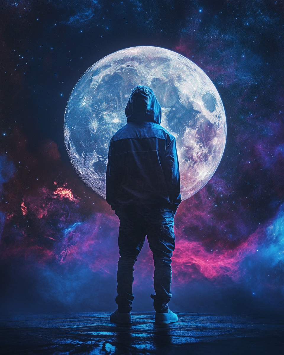 Man in hoodie, cyberpunk, moon, cosmic interstellar theme.