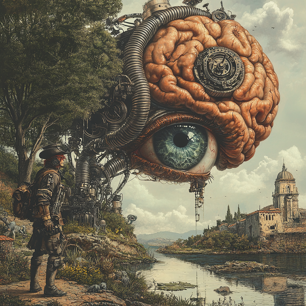 Man in steampunk gear with mechanical eye, brain sculpture.