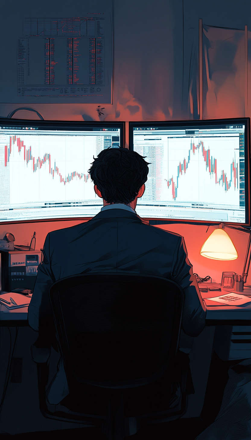 Man in suit in bedroom with forex charts screens.