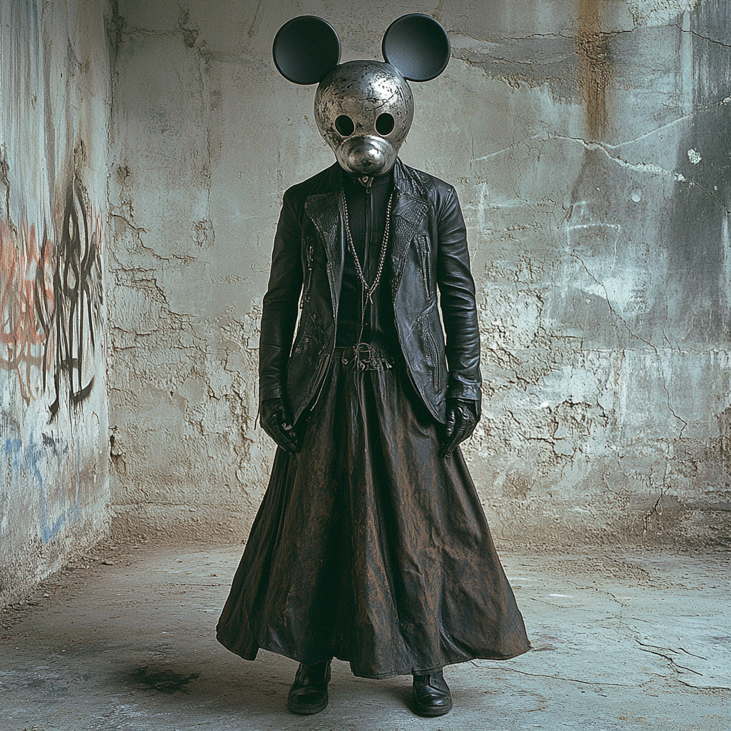 Man model in black suit with Mickey Mouse mask.