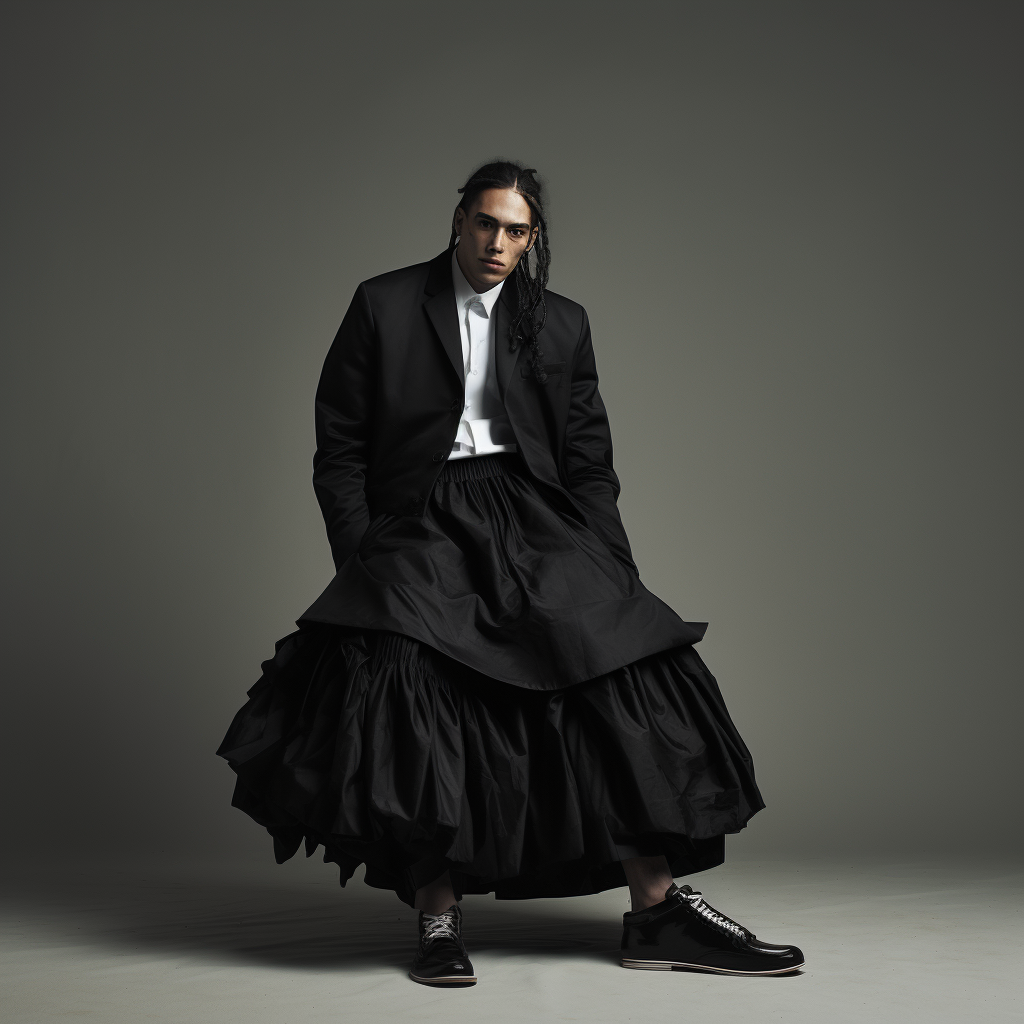 Man model wearing black suit, skirt, vintage sneakers - unique background.