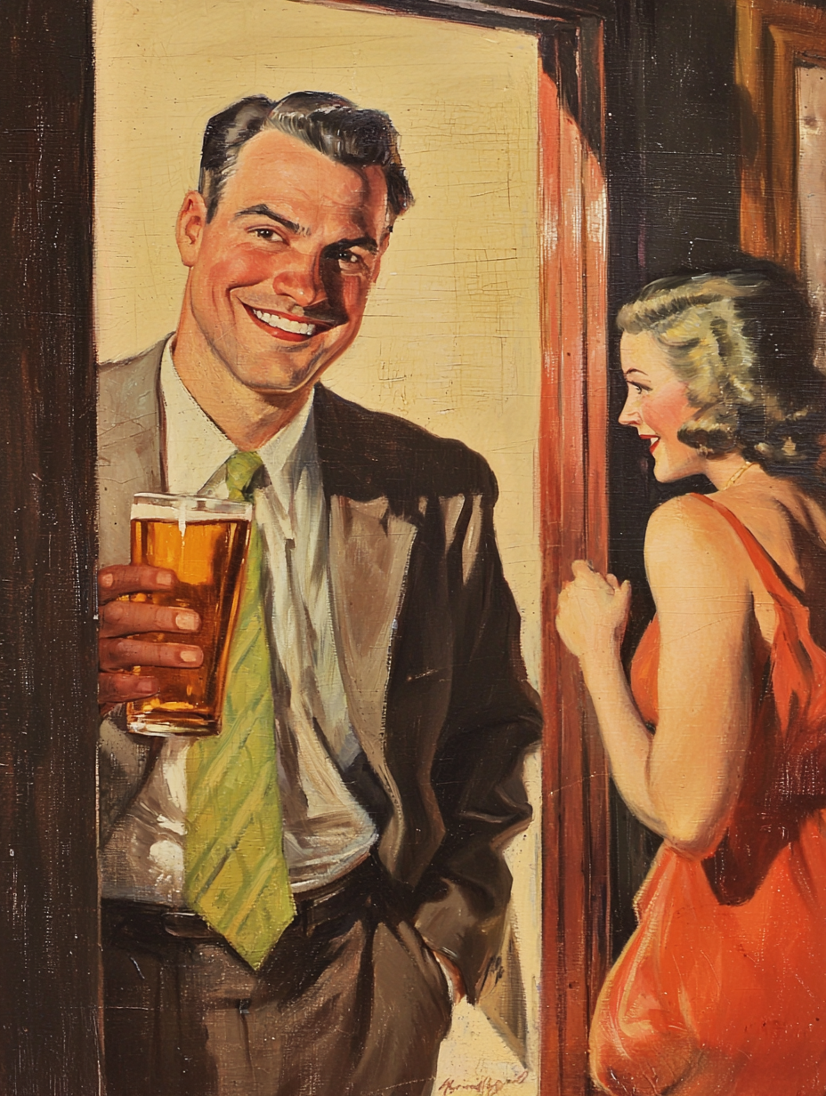 Man smiling, woman leaving, drinking beer, vintage book cover.