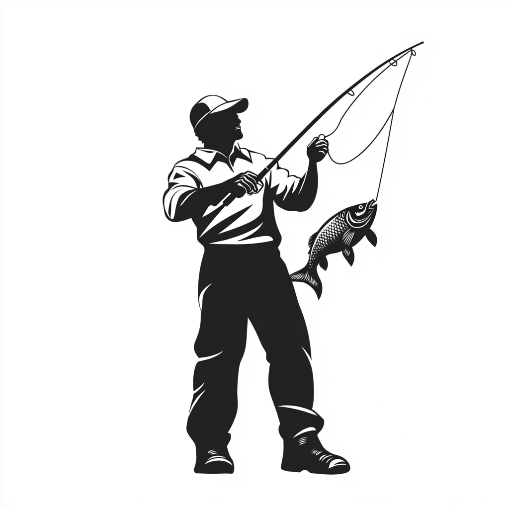 Man standing with fishing pole, holding fish, vector style.