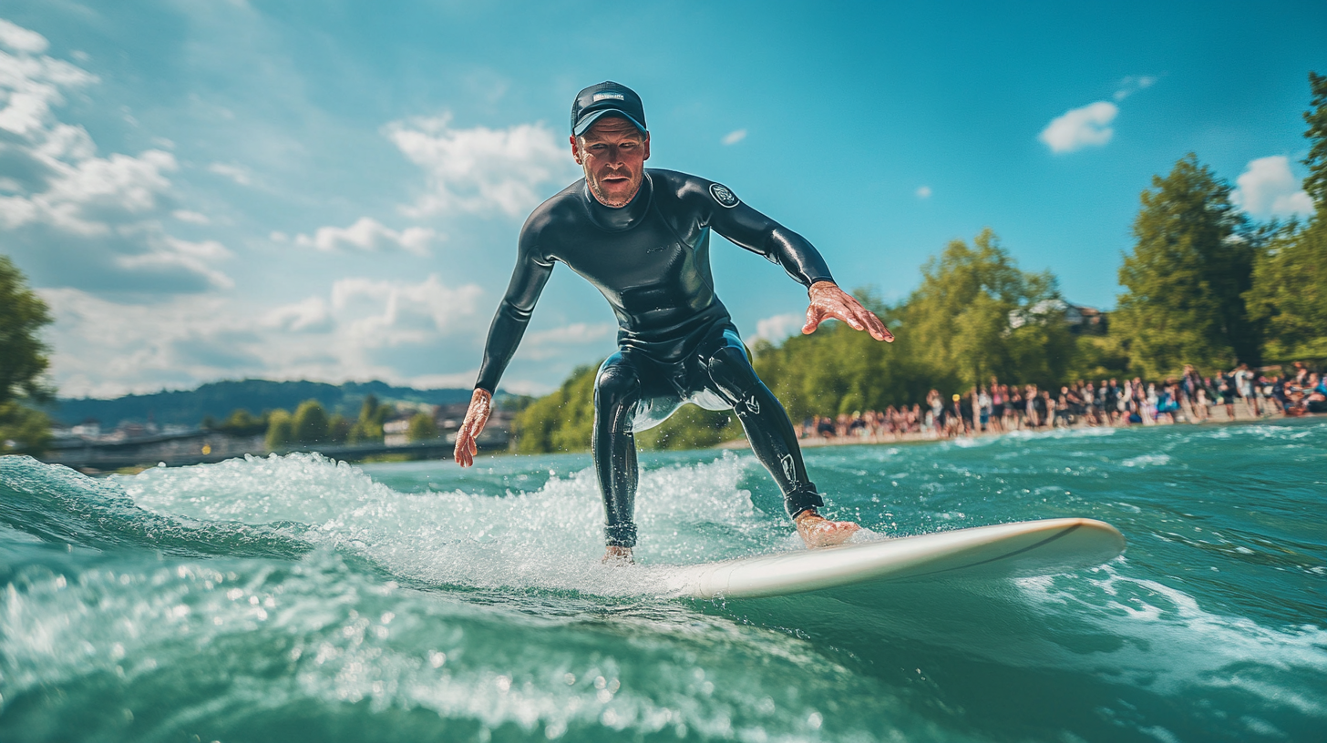 Man surfing in river wearing wetsuit and hat, determined.