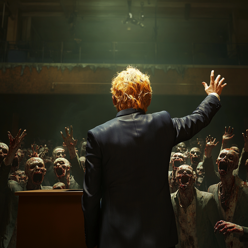 Man with blonde hair in blue suit speaking to zombies.