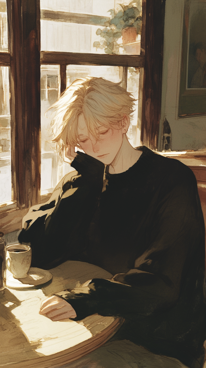 Man with blonde hair in café, lost in thought.