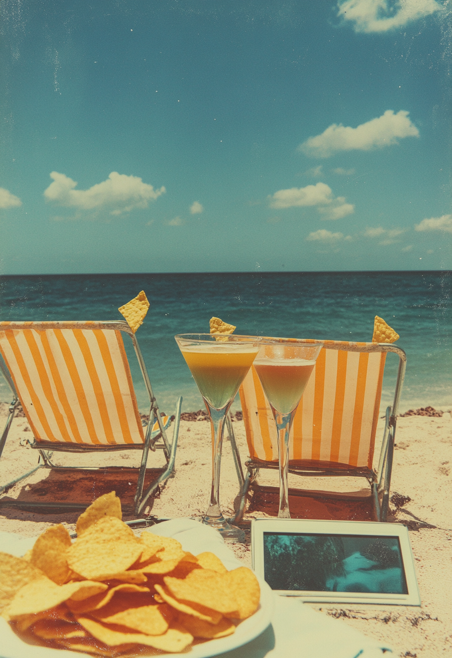 Martini shots and chips on beach chairs at sunrise.